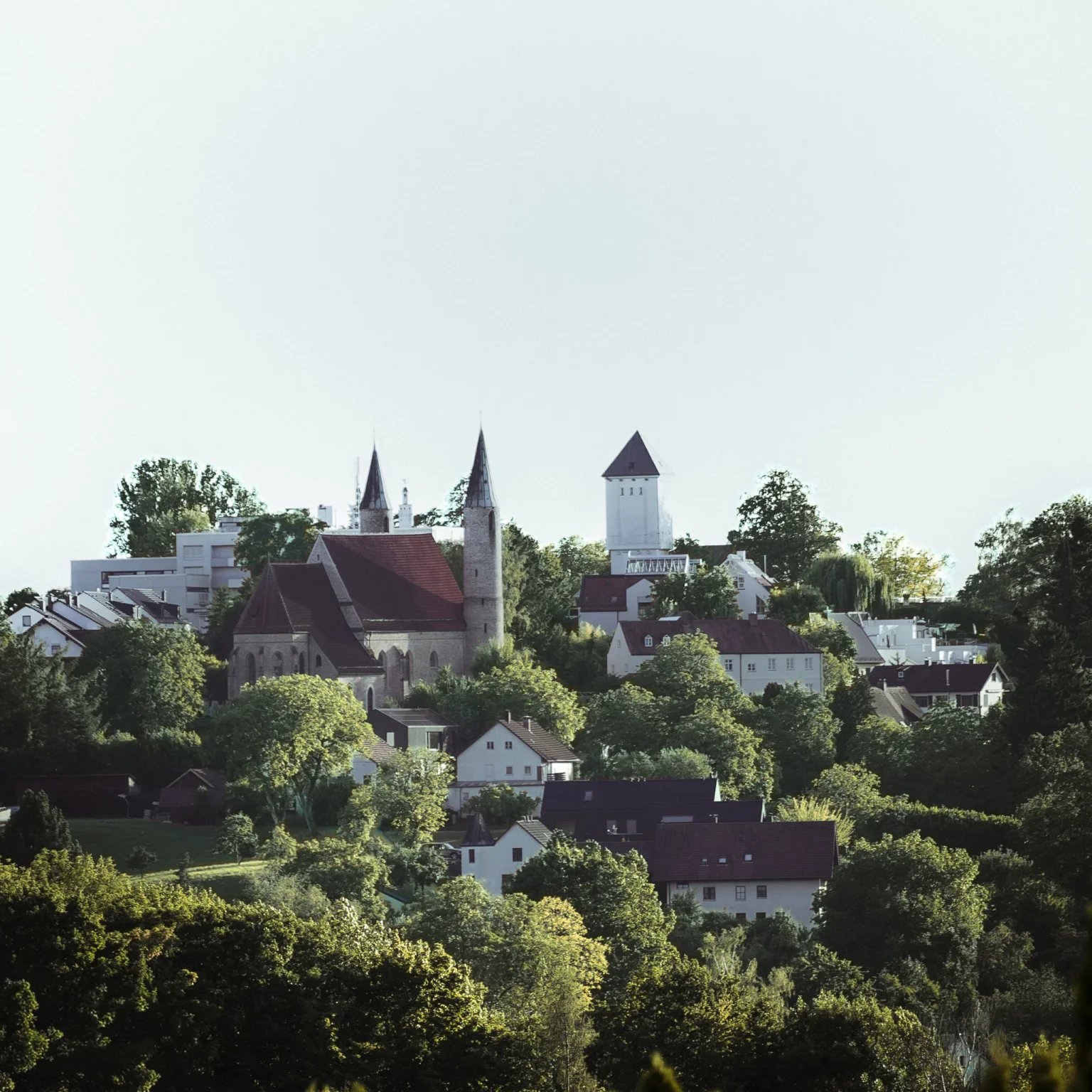 Blick über Baumkronen auf eine Kirche und einen Wasserturm