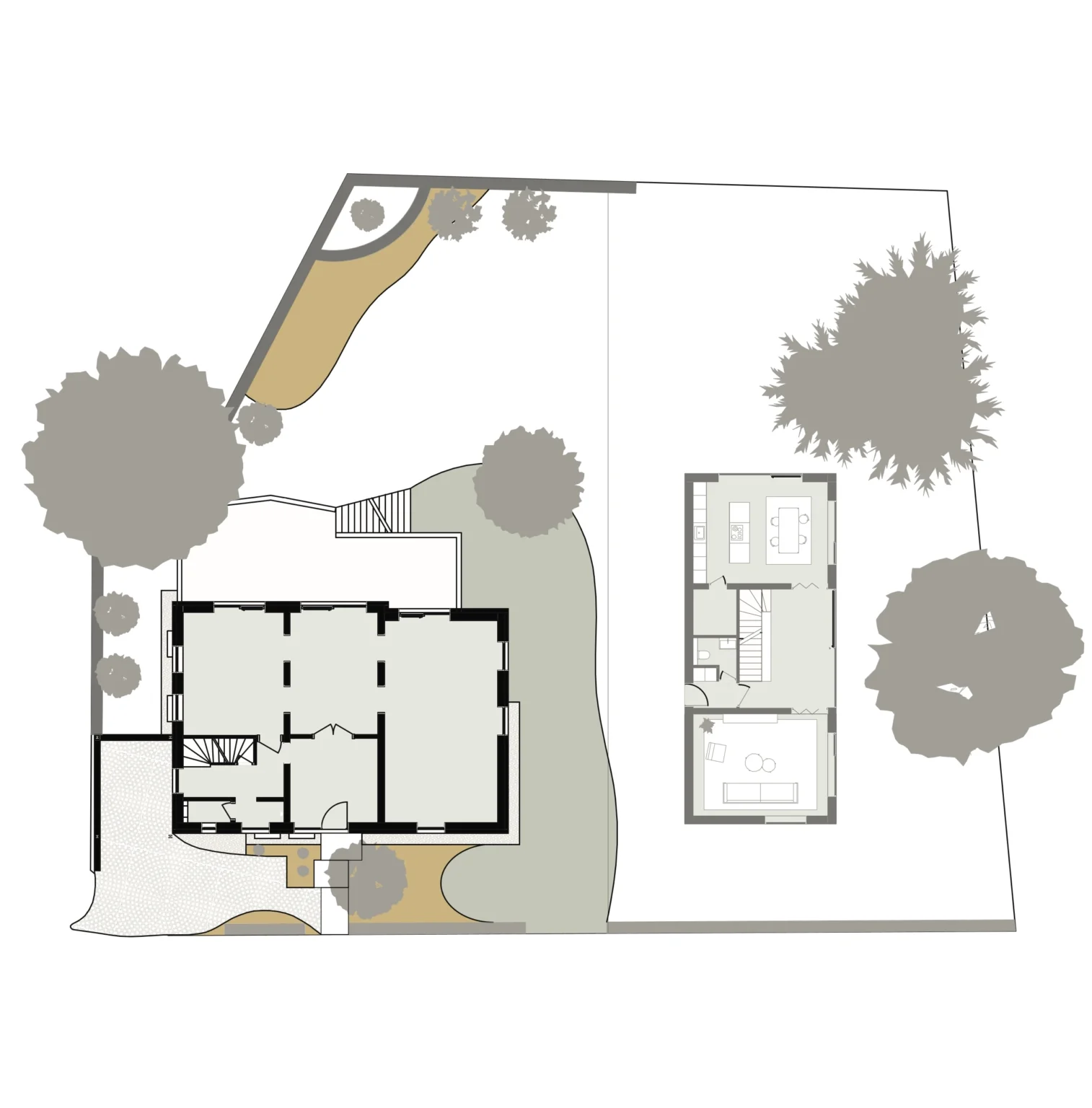 Lageplan des teilbaren Grundstücks: links das Bestandshaus, rechts das genehmigte zweite Einfamilienhaus